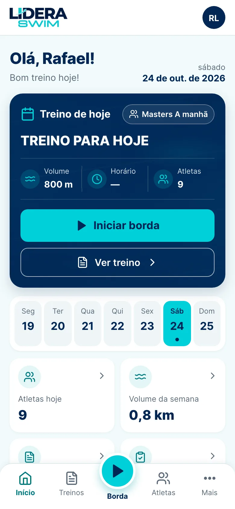 Tela Início: treino de hoje em destaque, faixa da semana e indicadores