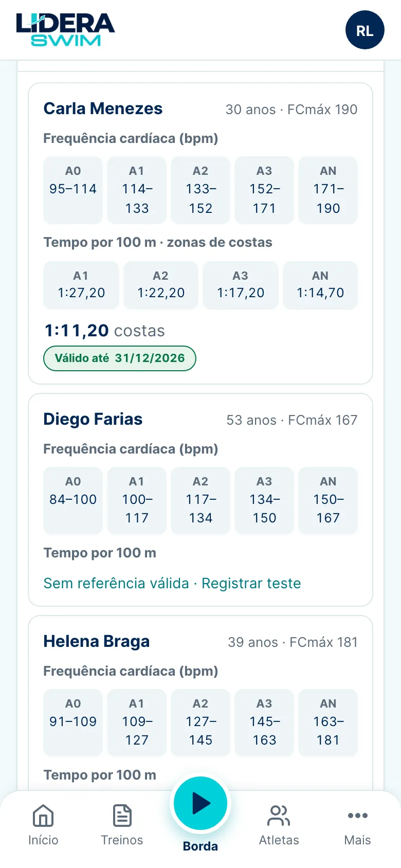 Tela Zonas com faixas de frequência cardíaca e tempo
